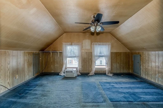 26 Hawthorne St, Brockton, MA 02301 - bonus room featuring carpet flooring, wood walls, ceiling fan, lofted ceiling, and cooling unit