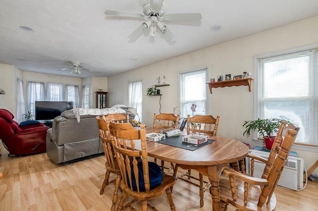 26 Hawthorne St, Brockton, MA 02301 - dining area featuring healthy amount of natural light, a ceiling fan, light wood-style flooring, and an AC wall unit