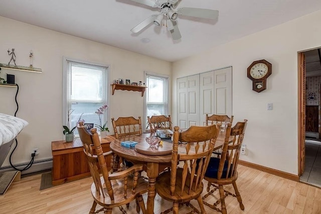 26 Hawthorne St, Brockton, MA 02301 - dining space featuring light wood-style flooring, a ceiling fan, baseboards, and baseboard heating