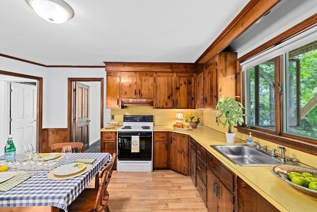 225 Pleasant St, Weymouth, MA 02190 - kitchen with electric range oven, under cabinet range hood, a sink, light countertops, and light wood-style floors