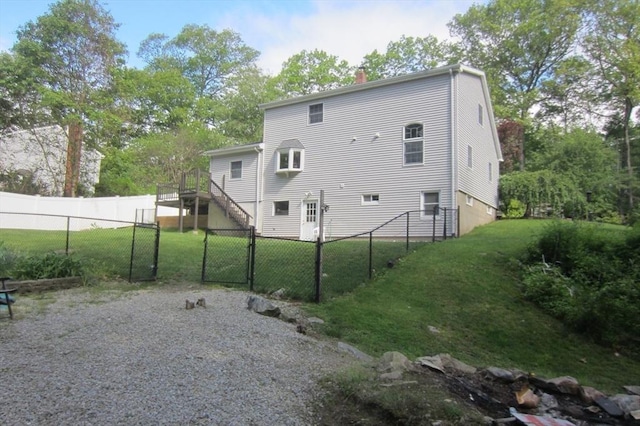 30 Bailey Rd, Oxford, MA 01540 - back of house featuring a chimney, a gate, a wooden deck, and stairway