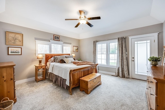 bedroom featuring ceiling fan and light carpet