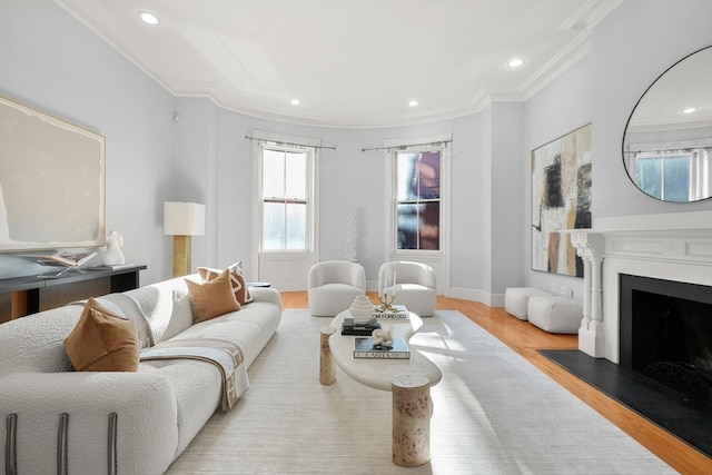 living room featuring light wood-type flooring and crown molding