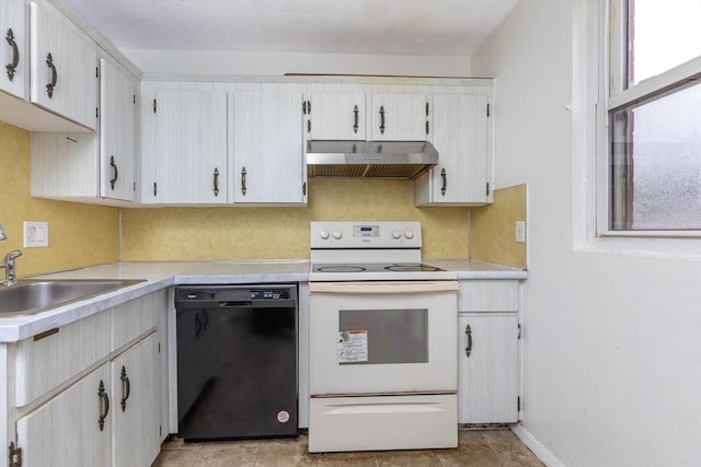 kitchen with light countertops, white electric range, dishwasher, and under cabinet range hood