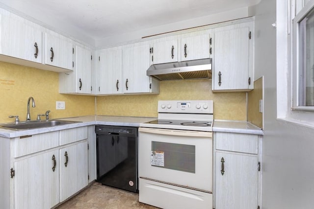 kitchen featuring under cabinet range hood, white electric range, a sink, black dishwasher, and light countertops