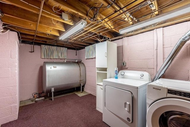 washroom with independent washer and dryer, dark carpet, heating fuel, and laundry area