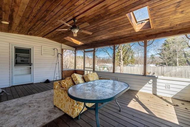 sunroom / solarium featuring ceiling fan and a skylight