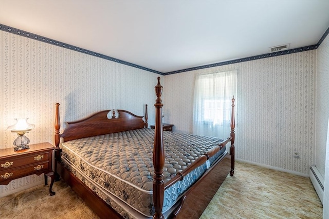 carpeted bedroom featuring baseboards, visible vents, wallpapered walls, and a baseboard radiator