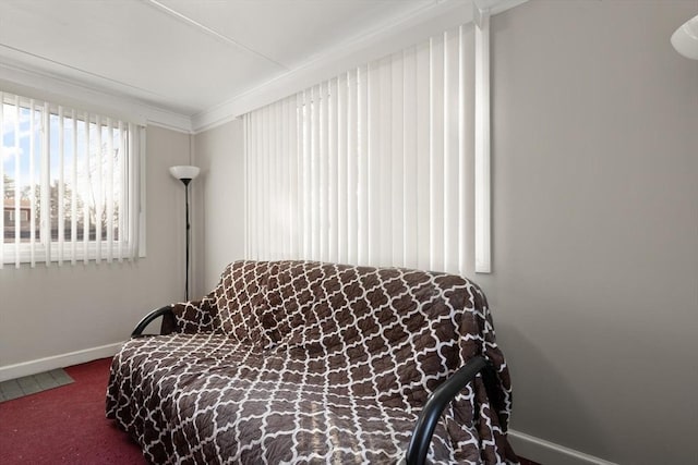 bedroom featuring baseboards, carpet floors, and ornamental molding