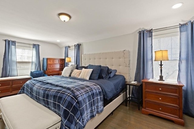 bedroom featuring recessed lighting and dark wood-style flooring