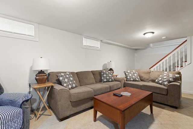 living room featuring light tile patterned floors