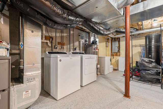 basement featuring electric panel and separate washer and dryer