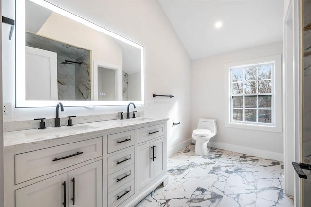 bathroom with toilet, vanity, and vaulted ceiling