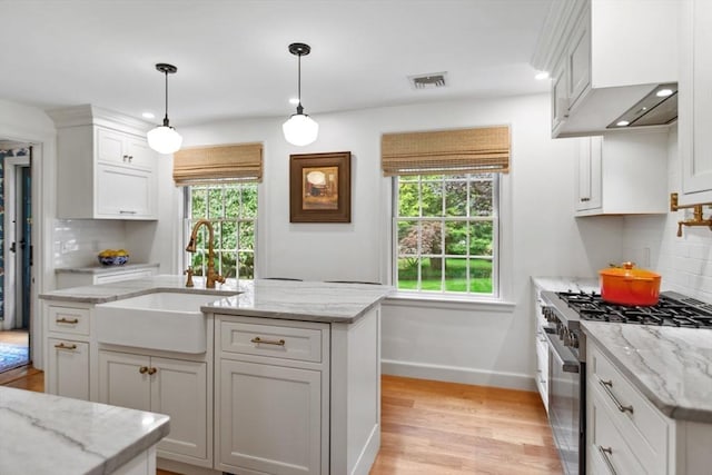 114 Chestnut St, North Reading, MA 01864 - kitchen featuring a sink, high end range, plenty of natural light, tasteful backsplash, and recessed lighting