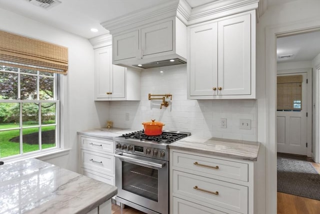114 Chestnut St, North Reading, MA 01864 - kitchen with stainless steel range with gas stovetop, decorative backsplash, white cabinetry, wood finished floors, and light stone countertops