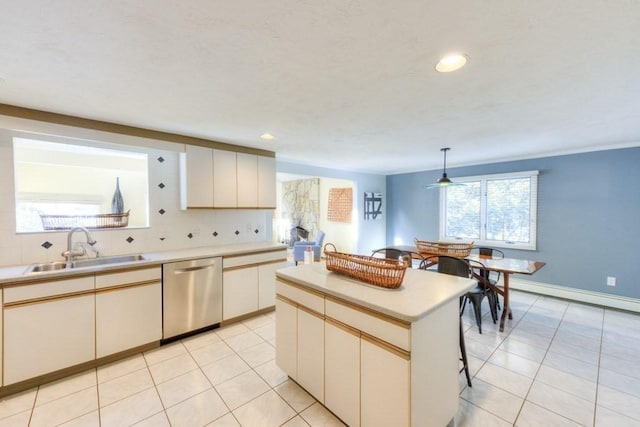 kitchen featuring pendant lighting, tasteful backsplash, sink, a center island, and stainless steel dishwasher