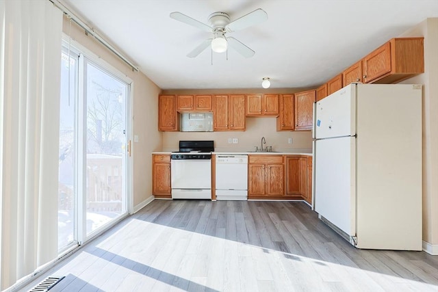 kitchen featuring ceiling fan, sink, white appliances, and light wood-type flooring