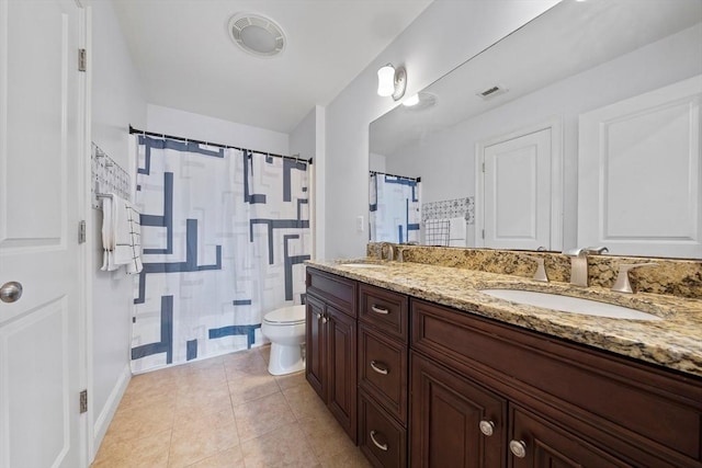 full bath featuring tile patterned flooring, toilet, visible vents, and a sink