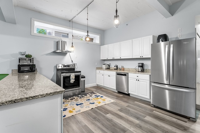 kitchen featuring stainless steel appliances, white cabinetry, hanging light fixtures, ventilation hood, and hardwood / wood-style floors