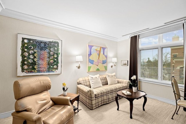 living area featuring crown molding and baseboards