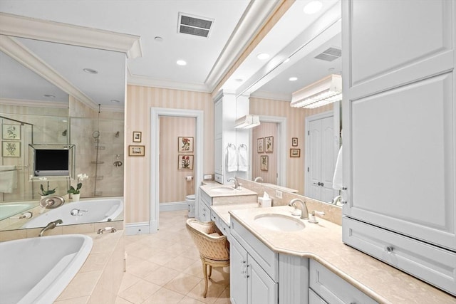 bathroom featuring a shower stall, a bath, visible vents, and ornamental molding