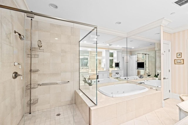 full bath featuring crown molding, a tub with jets, visible vents, a stall shower, and tile patterned floors