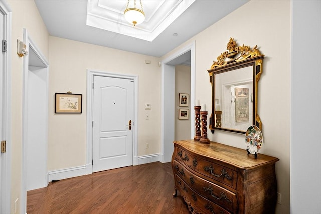 foyer entrance with a tray ceiling, dark wood-style flooring, and baseboards