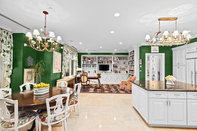 dining area featuring ornamental molding, built in shelves, recessed lighting, and a notable chandelier