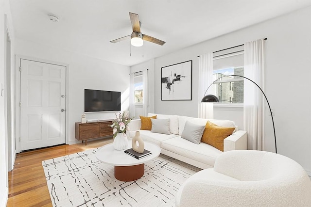 living room featuring ceiling fan, plenty of natural light, and light hardwood / wood-style floors