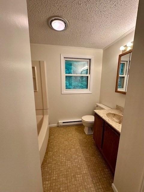 270 Sunderland St Unit 77, Worcester, MA 01604 - bathroom featuring a baseboard heating unit, a textured ceiling, vanity, toilet, and a bathtub