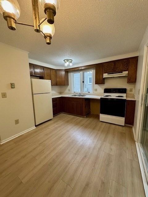 270 Sunderland St Unit 77, Worcester, MA 01604 - kitchen with white appliances, under cabinet range hood, light countertops, a textured ceiling, and crown molding
