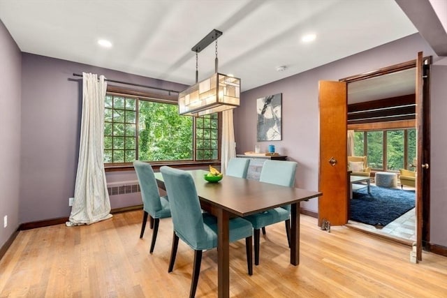 119 S Main St, Sharon, MA 02067 - dining area featuring light wood-style flooring, healthy amount of natural light, baseboards, radiator, and recessed lighting