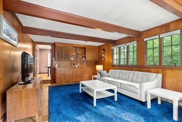 119 S Main St, Sharon, MA 02067 - living area with wooden walls and beamed ceiling