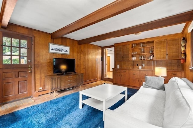 119 S Main St, Sharon, MA 02067 - living area featuring wood walls, beam ceiling, and a baseboard heating unit