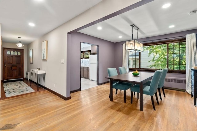119 S Main St, Sharon, MA 02067 - dining space featuring radiator heating unit, plenty of natural light, light wood-type flooring, and recessed lighting