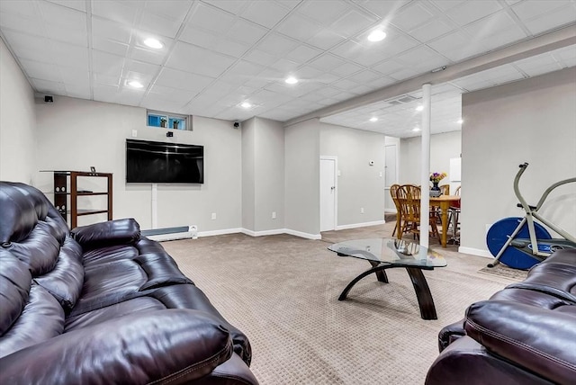 living room featuring carpet floors and a baseboard radiator