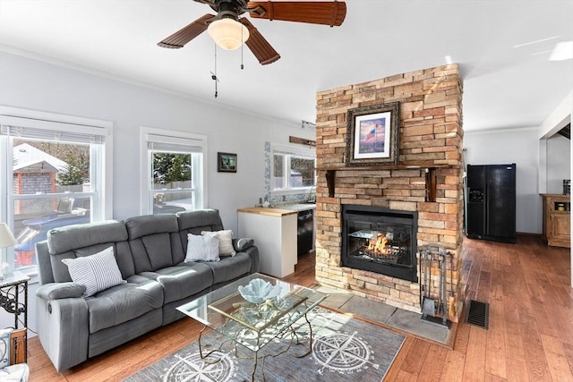 living room featuring a fireplace, ornamental molding, hardwood / wood-style floors, and a healthy amount of sunlight