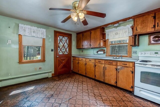 1049 Pleasant St, Canton, MA 02021 - kitchen featuring brown cabinets, a sink, white range with electric cooktop, a ceiling fan, and a baseboard heating unit