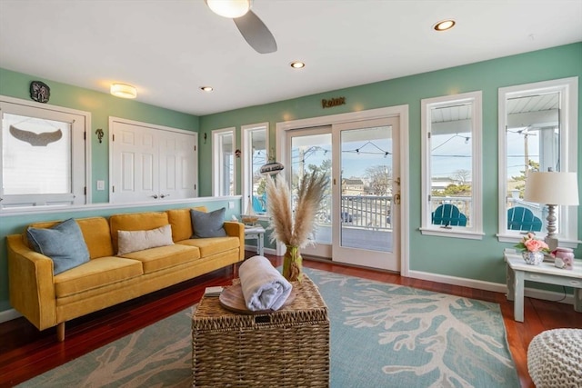 69 Leverett Ave, Revere, MA 02151 - living area featuring wood finished floors, ceiling fan, baseboards, and recessed lighting