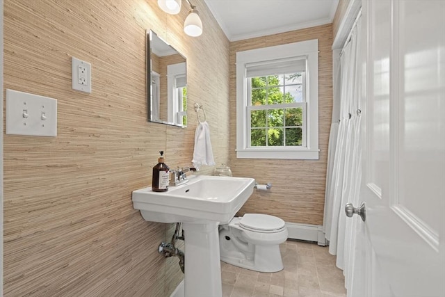3 Roosevelt Pl, Newburyport, MA 01950 - bathroom with toilet, crown molding, a baseboard heating unit, and tile patterned flooring