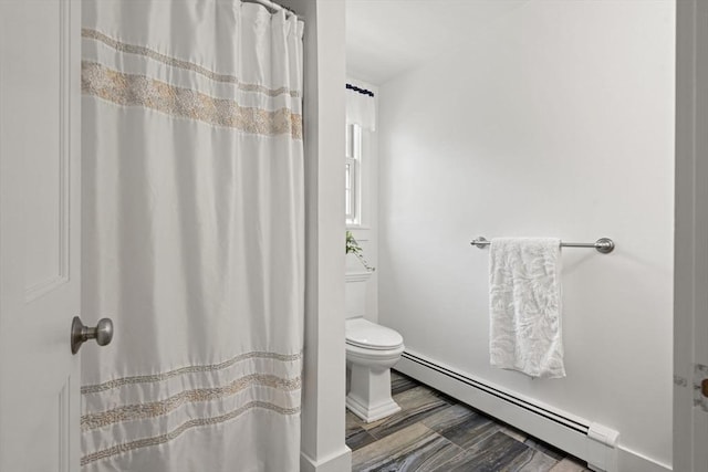 3 Roosevelt Pl, Newburyport, MA 01950 - full bathroom featuring a baseboard heating unit, toilet, baseboards, and a shower with shower curtain