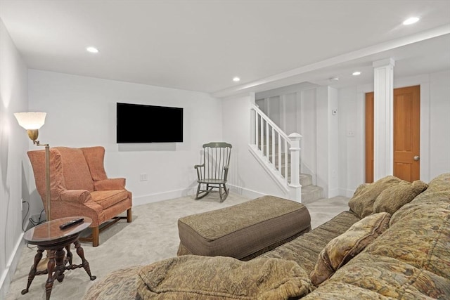 3 Roosevelt Pl, Newburyport, MA 01950 - carpeted living area featuring stairs, recessed lighting, and baseboards