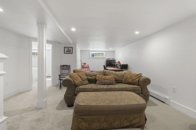 3 Roosevelt Pl, Newburyport, MA 01950 - living room with a baseboard heating unit, light colored carpet, recessed lighting, and baseboards