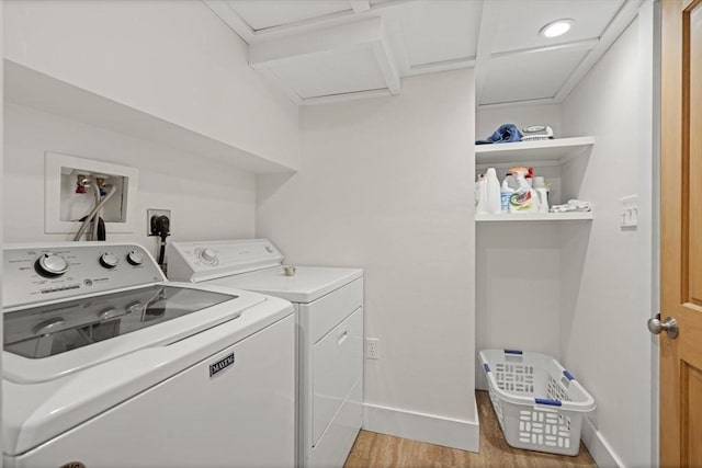 3 Roosevelt Pl, Newburyport, MA 01950 - laundry room featuring light wood-style floors, independent washer and dryer, baseboards, and attic access