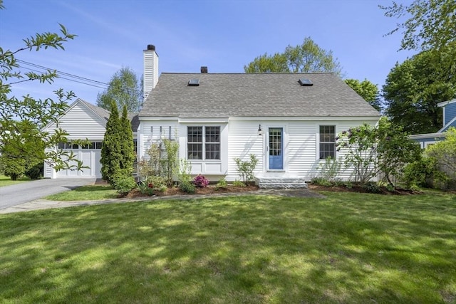 3 Roosevelt Pl, Newburyport, MA 01950 - cape cod house with a front yard, a chimney, roof with shingles, a garage, and asphalt driveway