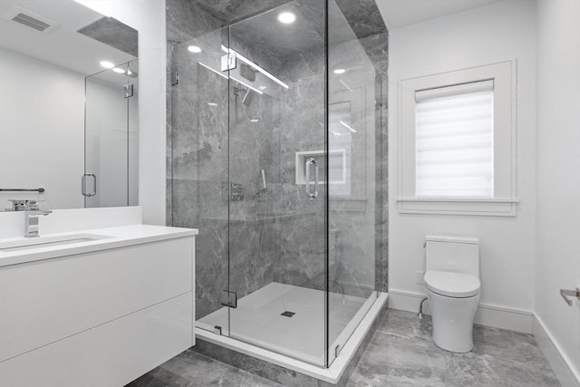 bathroom with toilet, a stall shower, visible vents, and baseboards