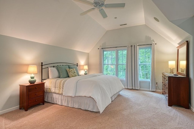 106 Willow Brook Dr Unit 106, Wayland, MA 01778 - bedroom featuring light carpet, vaulted ceiling, and ceiling fan