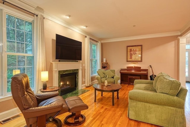 106 Willow Brook Dr Unit 106, Wayland, MA 01778 - living area with crown molding, light wood finished floors, and a high end fireplace