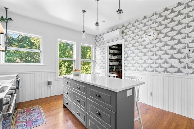30 Welles Ave Unit 2, Boston, MA 02124 - kitchen with gray cabinetry, a wainscoted wall, stainless steel range, light countertops, and light wood-type flooring