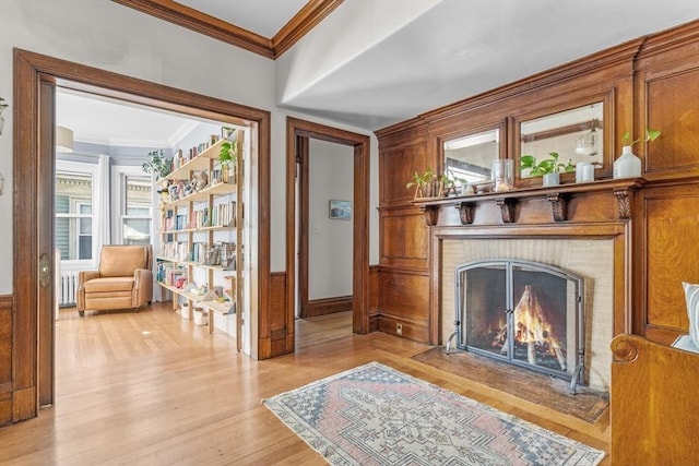 30 Welles Ave Unit 2, Boston, MA 02124 - living area featuring ornamental molding, a brick fireplace, light wood-type flooring, radiator heating unit, and wainscoting